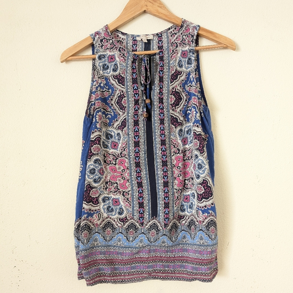 Rose & Rhyme Rayon Sleeveless Boho Top, Blue/Pink Print, XS